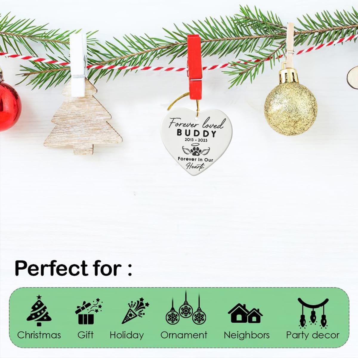 Pet Memorial Ornament - Heart Ceramic Ornaments Hanging for Christmas Tree - Remember Your Beloved Pet Forever