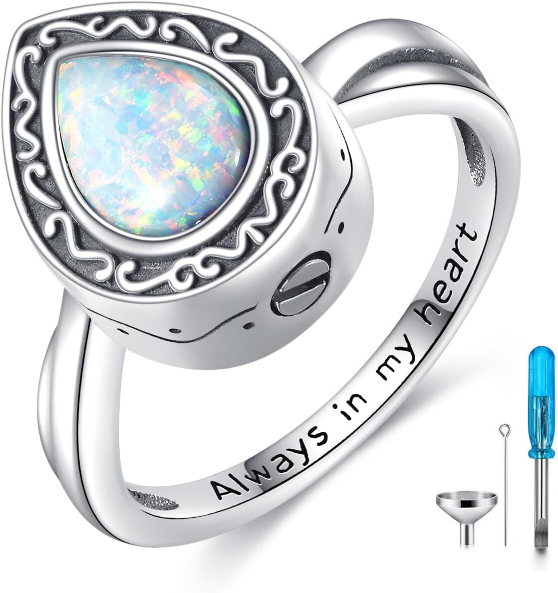 Teardrop Cremation Ring for Ashes 925 Sterling Silver Opal Urn Keepsake Rings Always in My Heart Memorial Jewelry for Women