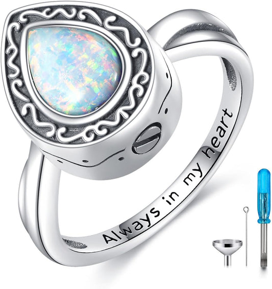 Teardrop Cremation Ring for Ashes 925 Sterling Silver Opal Urn Keepsake Rings Always in My Heart Memorial Jewelry for Women