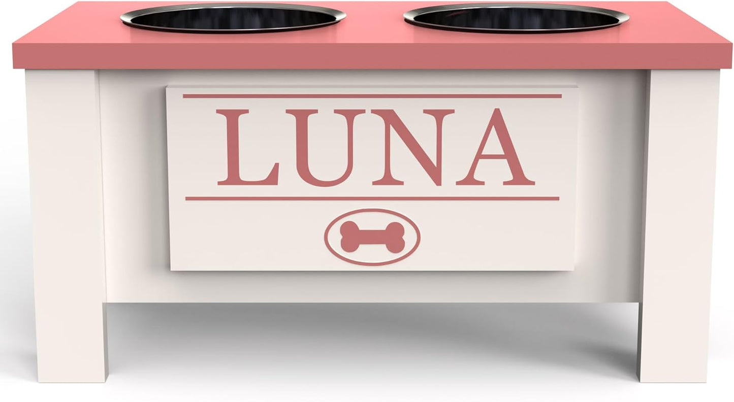 GrooveThis Woodshop - Personalized Elevated Dog Bowl Stand for Large, Medium, Small, X-Small Dogs - Stainless Steel Food and Water Bowls - Raised Dog Dish with Internal Storage (Medium, Magenta)