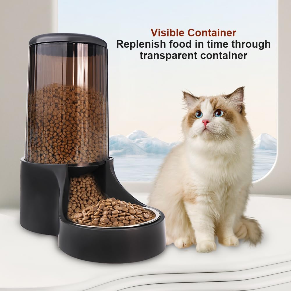 Automatic Cat Feeder, 3.8L Large Gravity Cat Food Dispenser with Detachable Top Lid, Visible Bottle and Stainless Steel Bowl for Pets (Full Black)