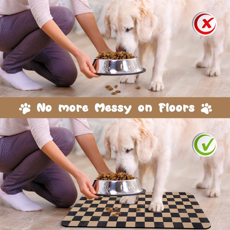Dog Food Mats for Floors Waterproof, Pet Water Bowl Mats Pet Feeding Absorbent Placemats Plaid 17 * 30 inch