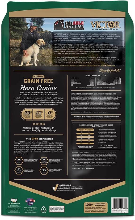 VICTOR Super Premium Dog Food – Purpose Hero Canine Kibble – Premium Gluten Free Dog Food for Active Adult Dogs – High Protein with Glucosamine and Chondroitin for Hip and Joint Health, 30lbs