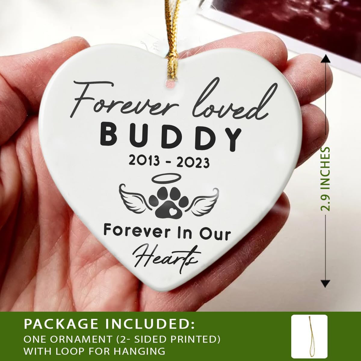 Pet Memorial Ornament - Heart Ceramic Ornaments Hanging for Christmas Tree - Remember Your Beloved Pet Forever