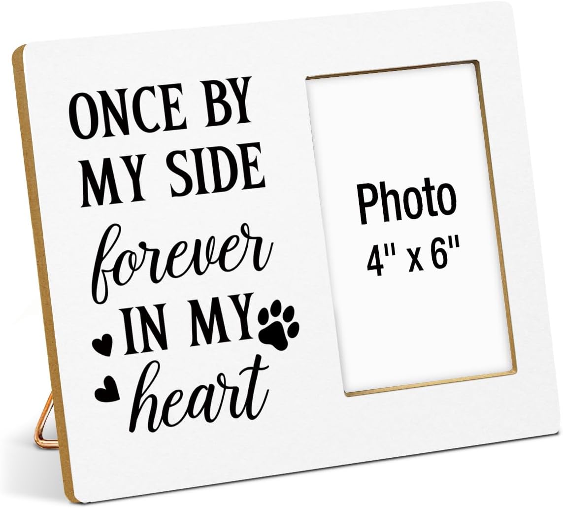 Dog Memorial Gifts Photo Frame, Pet Memorial Gifts for Dogs, Lost of Pet Sympathy Present, Once by My Side Forever in My Heart Wooden Picture Frames with Paw Print, Photo 4 x 6 Inches