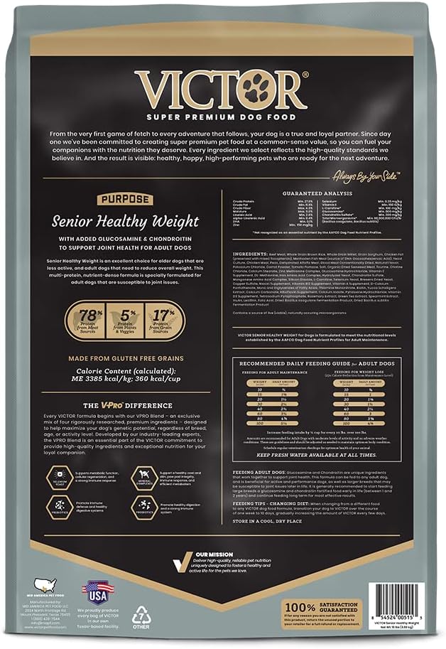 VICTOR Super Premium Dog Food – Purpose – Senior Healthy Weight Management – Dry Dog Food for Adult Dogs – Gluten Free with Glucosamine and Chondroitin, for Hip and Joint Health, 15lbs