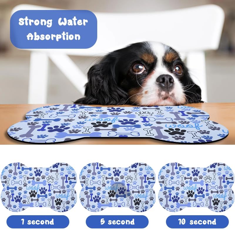 Dog Food Mats for Floors Waterproof, Pet Feeding Absorbent Water Bowl Mat Cat Placemats Blue Bone Shape 19 * 12 inch