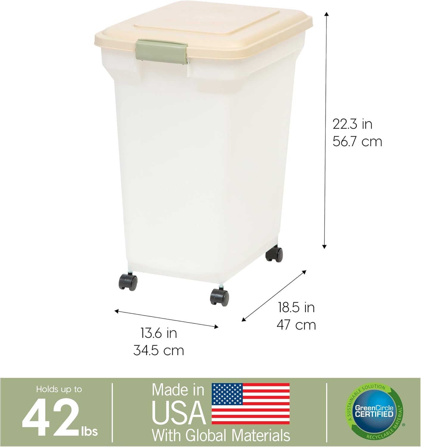 IRIS USA Airtight Dog Food Storage Container, WeatherPro, Up to 40 lbs, Removable Wheels, for Dog Cat Bird and Other Pet Food Storage Bin, Keep Fresh, Translucent Body, Made in USA, Pearl/Almond