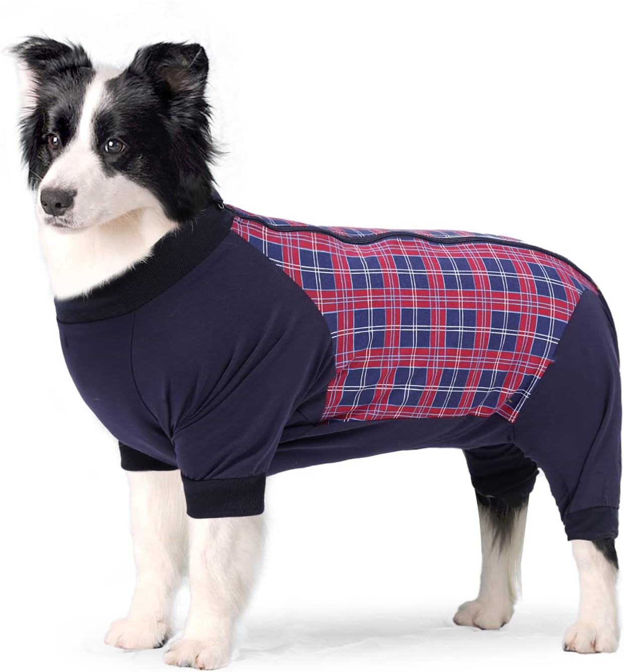 Dog Recovery Suit, Abdominal Wound After Surgery Wear, Anti Licking Bodysuit with Zipper, E-Collar & Cone Alternatives, Plaid Dog Spay Surgical Onesie Prevent Shedding(2XL, Red)