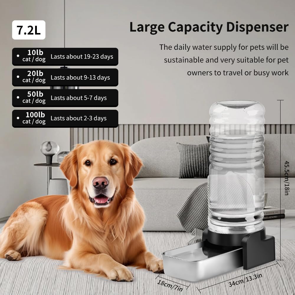 Marchul 1.9 Gallon Dog Water Dispenser, Automatic Dog Water Dispenser with Placemat and Stainless Steel Bowl, Large Gravity Pet Bowl for Dogs Medium to Large (3 Filters) 7.2L