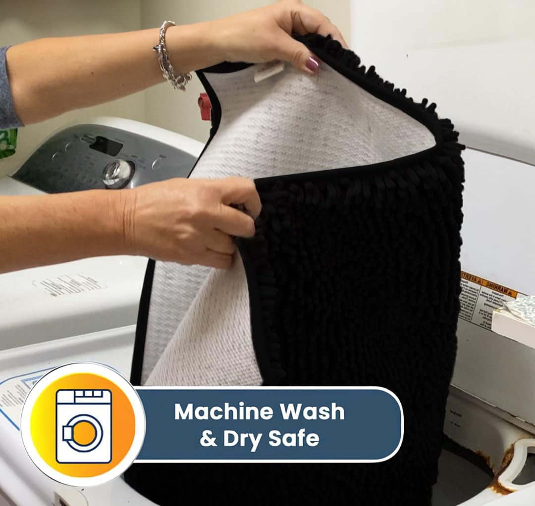 Muddy Mat® AS-SEEN-ON-TV Highly Absorbent Microfiber Door Mat and Pet Rug, Non Slip Thick Washable Area and Bath Mat Soft Chenille for Kitchen Bathroom Bedroom Indoor and Outdoor-Black Runner 24"X60"