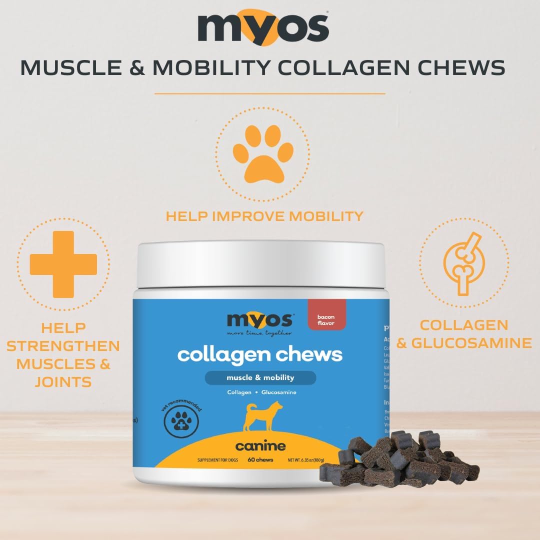 MYOS Canine Muscle & Mobility Chews – Collagen & Glucosamine for Dogs - Bacon Flavor Joint Supplement for Muscle, Bone & Joint Support, 60 Count