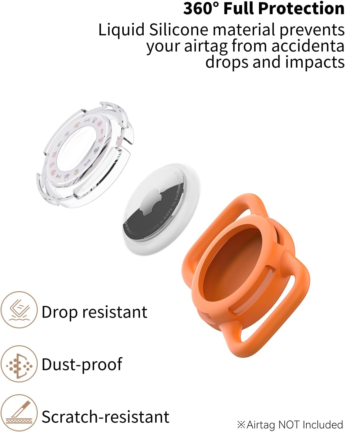 Airtag Dog Collar, Waterproof Airtag Holder for Dog Collar & Cat Collar Slicone Full Body Covered Pet Air Tag Holder (Orange, Regular)