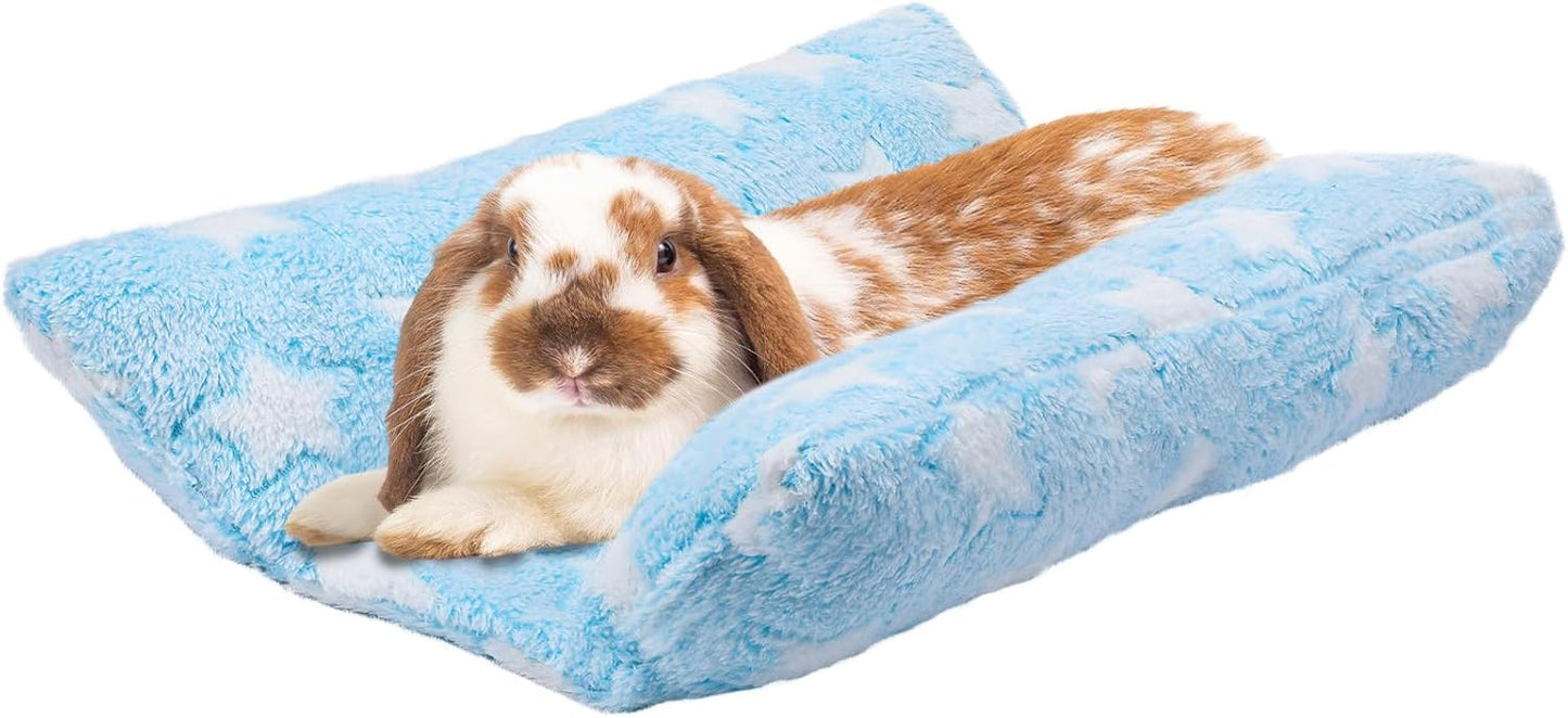 MEWTOGO 15.7 x 14In Rabbit Bed - Thickened Soft Bunny Concave Bed, Cuddle Cushion Plush Mat with Cotton Lounger Pillows for Cage Sleeping Indoor Bunny Gifts, Light Blue-Star