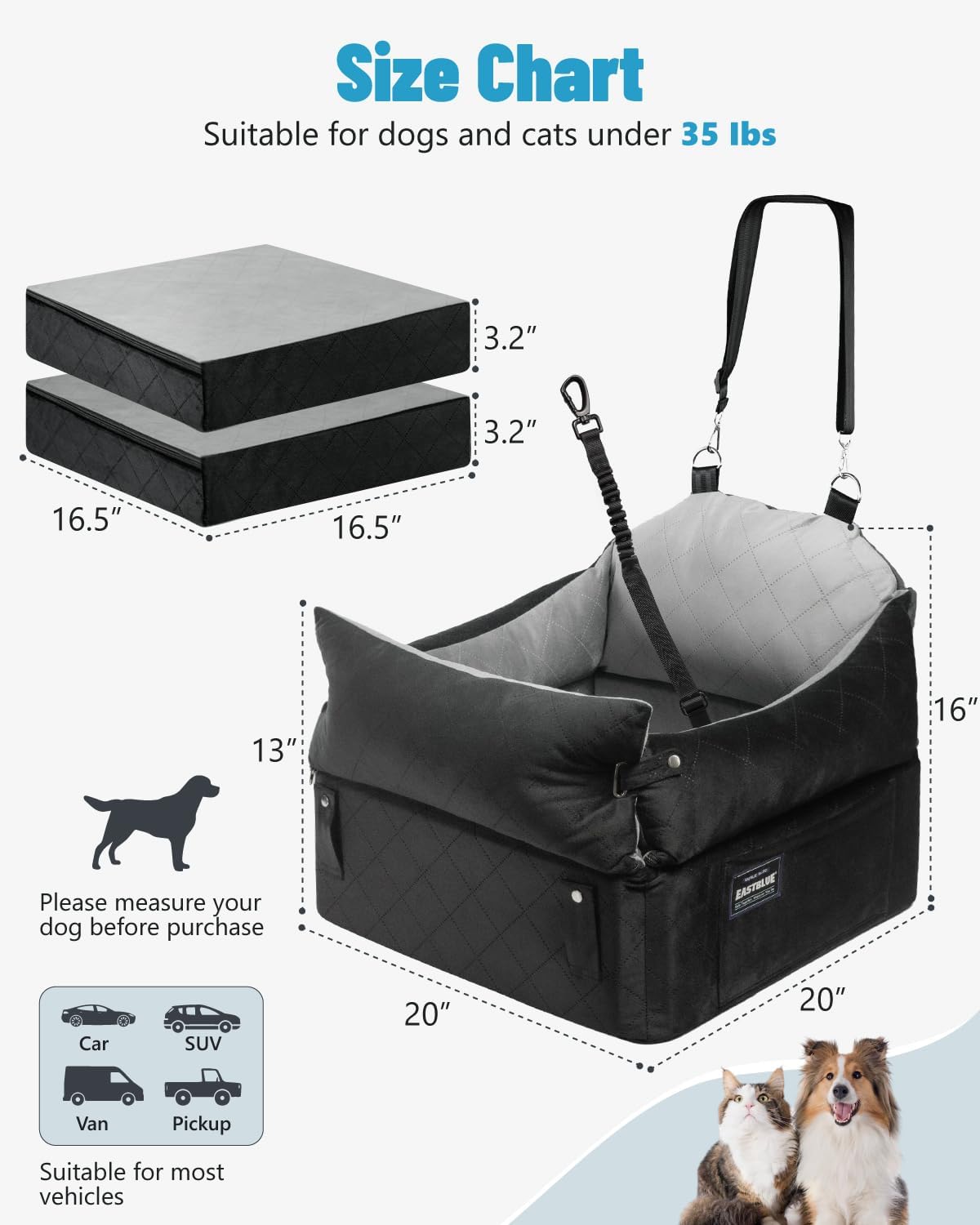 EASTBLUE Dog Car Seat for Small Medium Dogs Up to 35 lbs, Memory Foam Dog Booster Car Seat with Seatbelt, Detachable Washable Pet Carseat for Puppy & Cat, Dogs Travel Bed for Cars (Black/Grey)