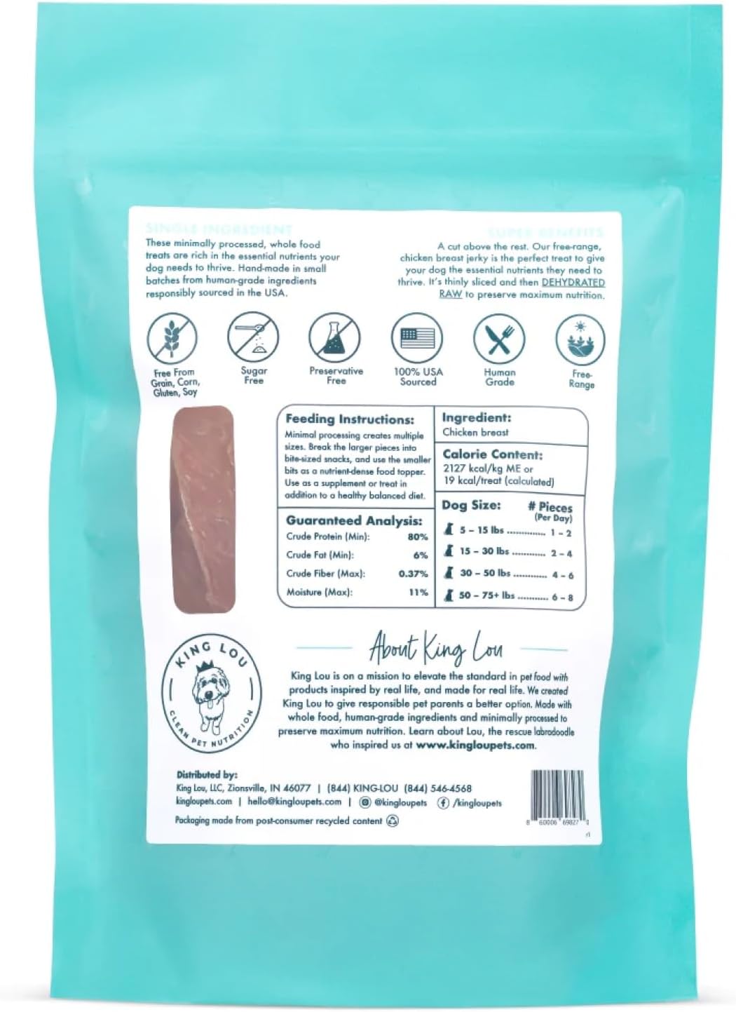 King Lou Pets - Chicken Breast Jerky for Dogs - USA-Made Dehydrated Chicken Dog Treats - 1 lb Fresh Breast Prior to Dehydration