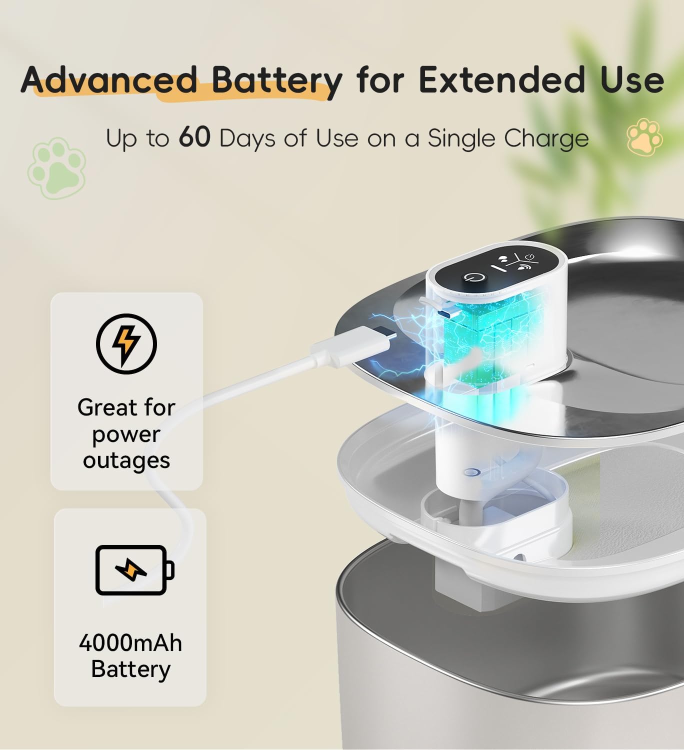 Cat Water Fountain Stainless Steel, 138fl.oz / 4.1L Wireless Cat Fountain, Pet Water Dispenser Cordless for Cats & Dogs Indoor