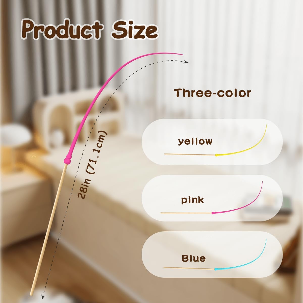 Cat Wand Toy,Cat Toy Wand,Cat Toy on Stick 3 PCS Silicone Ultra-Light Durable Tail Non Feather Teaser Used for Stress Relief (Colorful Styles)