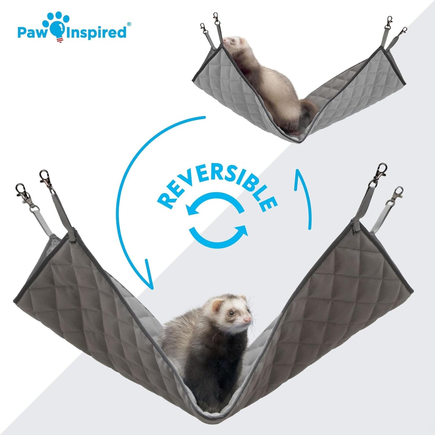 Paw Inspired Hanging Fleece Hammock for Ferrets, Rats, Chinchillas, Sugar Gliders, Small Pets | Hideout Toy for Guinea Pigs, Hamsters | Swivel Clips for Small Animal Cages (Gray/Light Gray)
