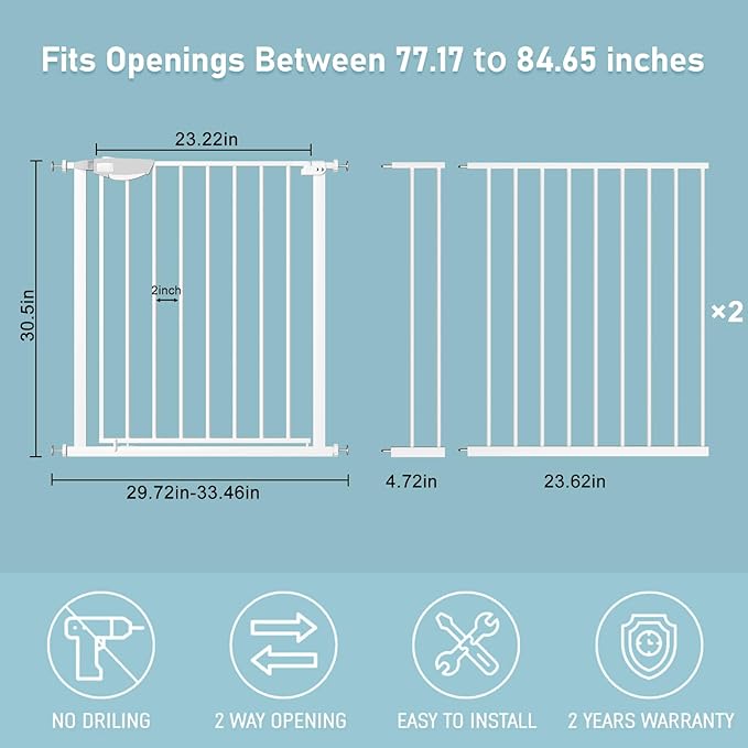 WAOWAO Triple Lock 77.17-84.65" Baby Gate Extra Wide Pressure Mounted Walk Through Swing Auto Close Safety White Metal Dog Pet Puppy for Stairs,Doorways,Kitchen