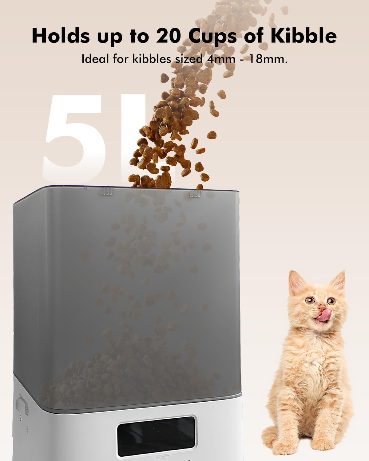 Automatic Cat Feeder for 2 Cats, 20Cups/5L Cat Food Dispenser Automatic, 2.4G WiFi Pet Feeder with Timed APP Control, Stainless Steel Bowls, 1-10 Meals/Day, Dual Power& Detachable for Easy Clean