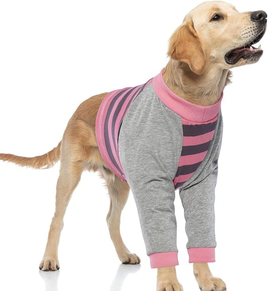 FUAMEY Dog Recovery Sleeve with Elbow Protector,Dogs Shirt Stop Licking Joints,Pet Long Sleeve Suit Protecting Dog's Front Leg Arm Wounds Cover Skin Conditions Pink Stripes XL