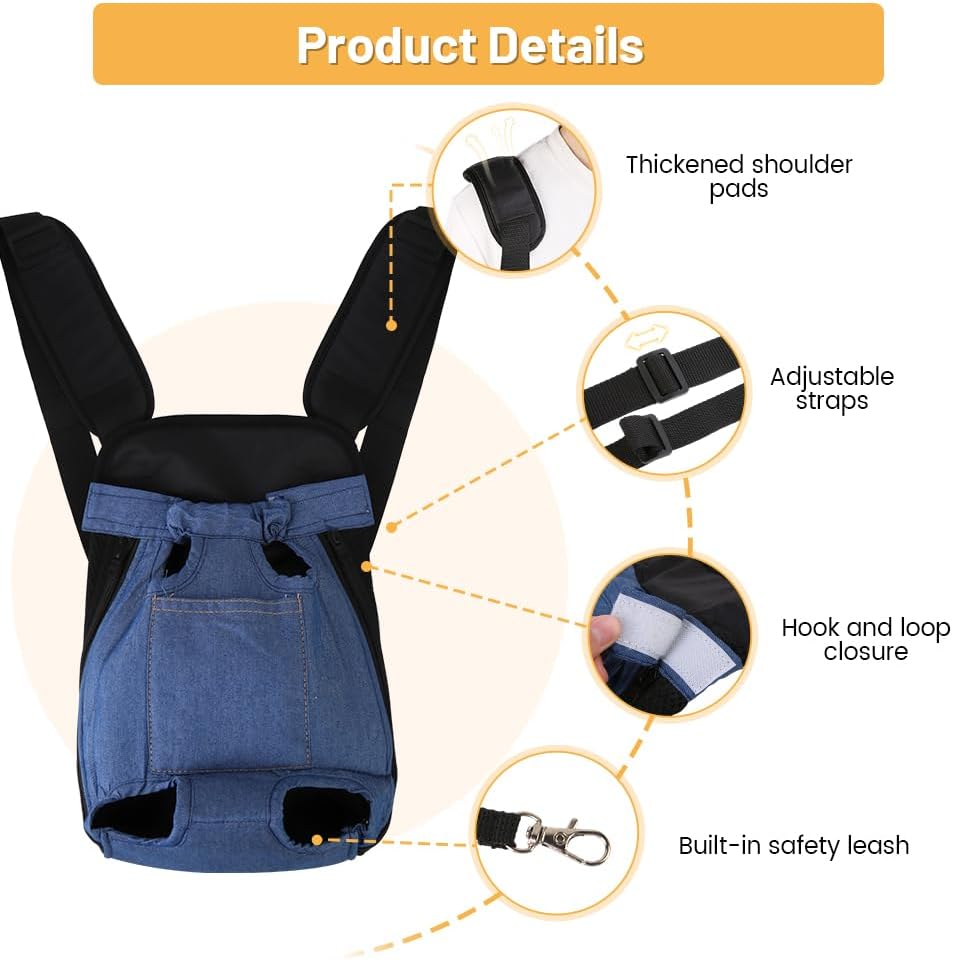 Inspack Dog Backpack Carrier/Cat Carrier, Adjustable Pet Front Carriers Travel Bag for Puppy Medium Dogs, Legs Out, Soft Ventilated Dog Chest Carry Backpacks for Hiking/Camping, 4-7 lbs, Indigo Denim