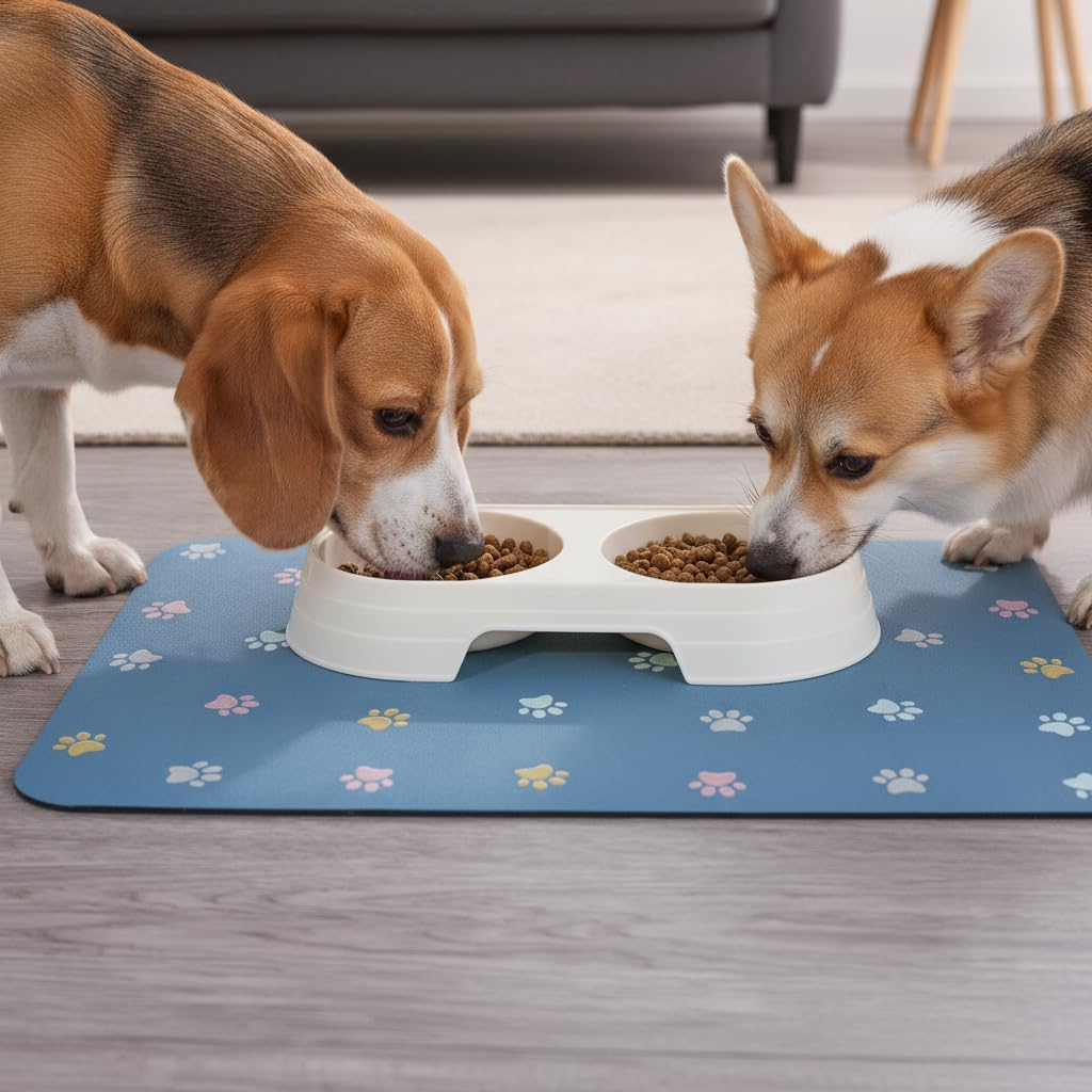 Pet Feeding Mat Absorbent Dog Mat for Food and Water Non Slip Quick Dry Dog Bowl Mats for Floors 27" X 17" Paw Lake Blue
