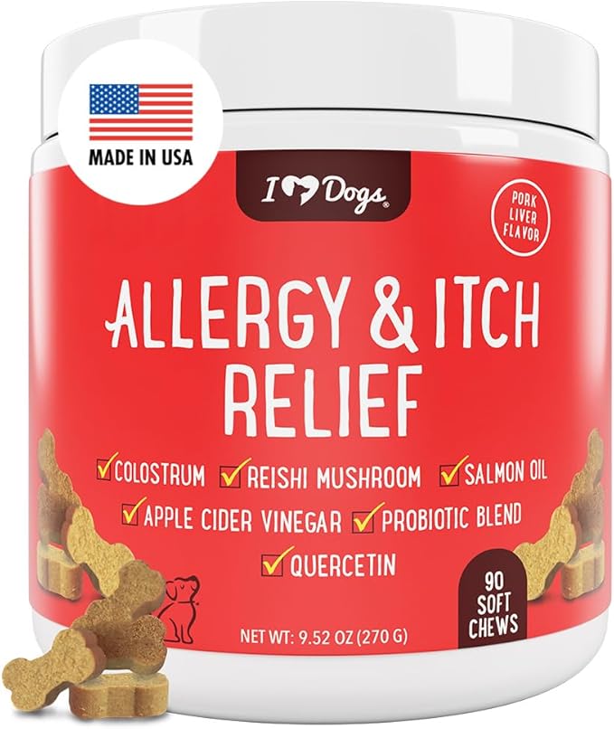 iHeartDogs Allergy & Itch Relief for Dogs with Salmon Oil, Quercetin, Colostrum, Antioxidants and Probiotics - 90 Count