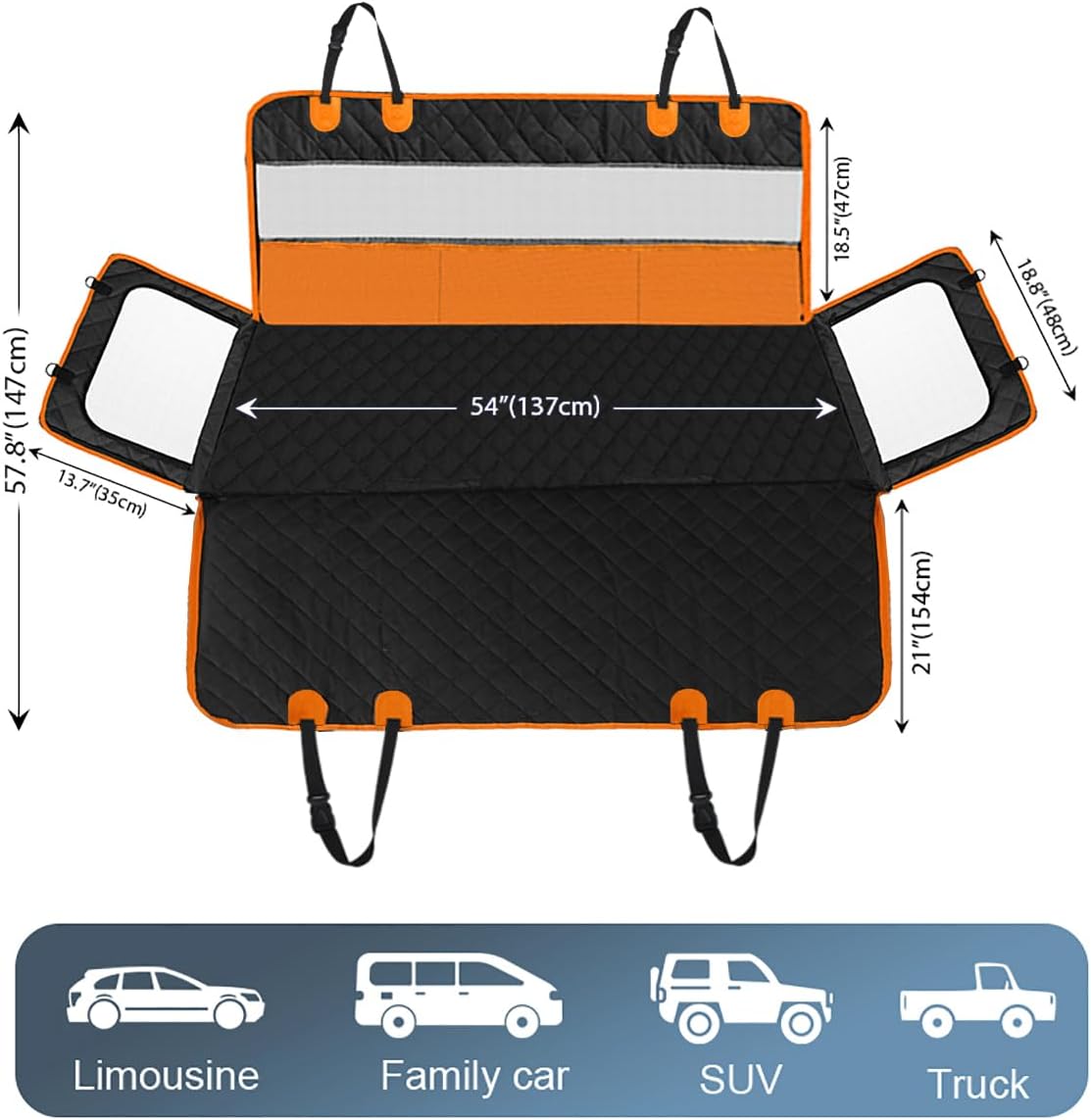 Dog Car Seat Cover, 4-Layer Waterproof Back Seat Protector with Mesh Windows,3 Accessories Pockets Nonslip Pet Hammock Style for Cars Trucks SUVs, Include 1 Dog Safety Belt (Black-Orange)