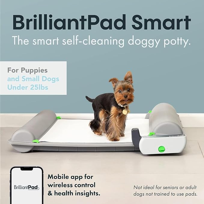 BrilliantPad Smart Indoor Dog Potty for Small Pets | Self Cleaning with Odor Control, AI Health Monitoring, Puppy Training Alternative to Grass Turf | Includes 1 Absorbent Pad Roll & Smartphone App