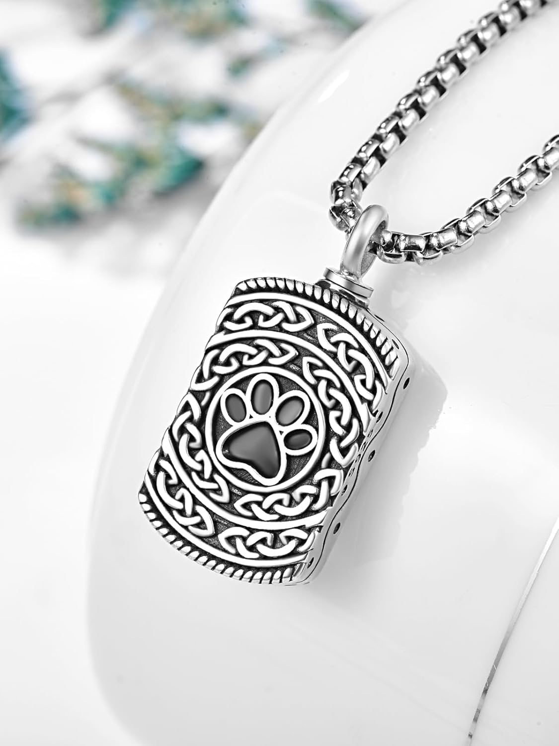 Pet Cremation Urn Necklace for Dog Cat Ashes 925 Sterling Silver Paw Print Keepsake Pendant Celtic Knot Memorial Jewelry for Women Men