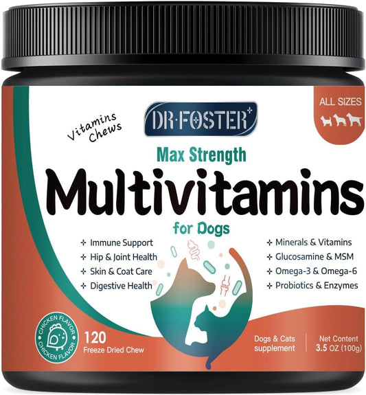 Dog Multivitamin with Glucosamine, Omega 3, Minerals, Probiotics and Enzymes, Dog Vitamins and Supplements for Joint, Skin & Coat Care, Digestive and Immune Health, Chicken Flavor - 120 Chews