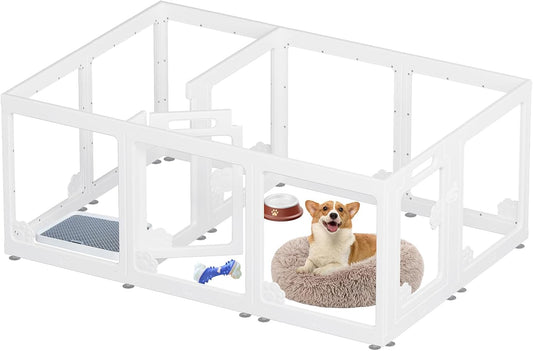 Expandable 12PCS Dog Playpen for Indoors, Modular Puppy Play Pen with Lockable Doors, Chew-Proof Transparent Panels & Waterproof Base. Perfect for Small Animals, Puppy Training or Multi-Pet Homes