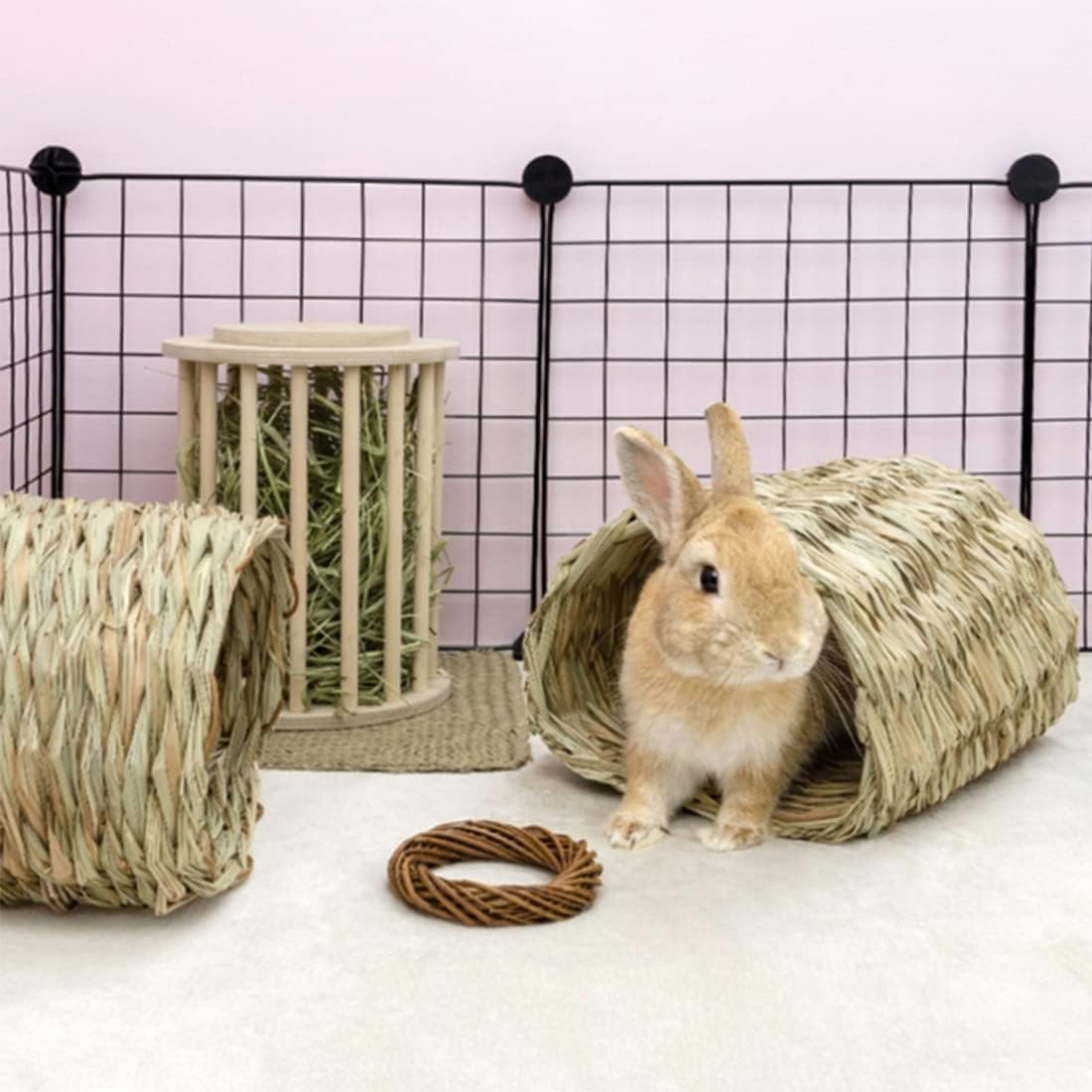 Hamiledyi Rabbit Grass Tunnel,Rabbit Grass Bed Natural Straw Woven Mat Winter Warm Hideaway Hut for Bunny Gerbil Ferrets Chinchilla Guinea Pig