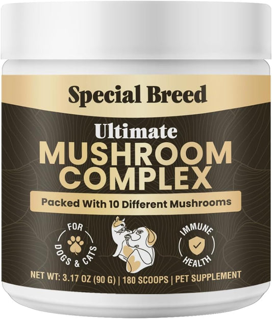 Mushroom Powder for Dogs & Cats - Organic Mushroom Complex for Immune Support, Cognition, Vitality - Ten Mushroom Supplement with Turkey Tail, Lion's Mane, Reishi - 180 Scoops