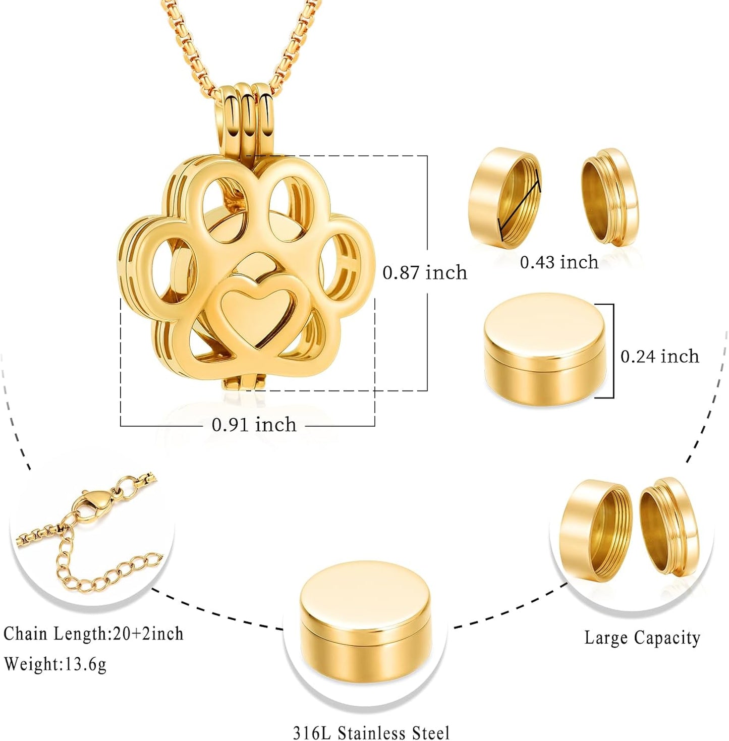 Oinsi Pet Cremation Jewelry For Ashes For Dog/Cat Paw Stainless Steel Memorial Locket Urn Necklace Inside Mini Case Keepsake Cremation Jewelry Women Men