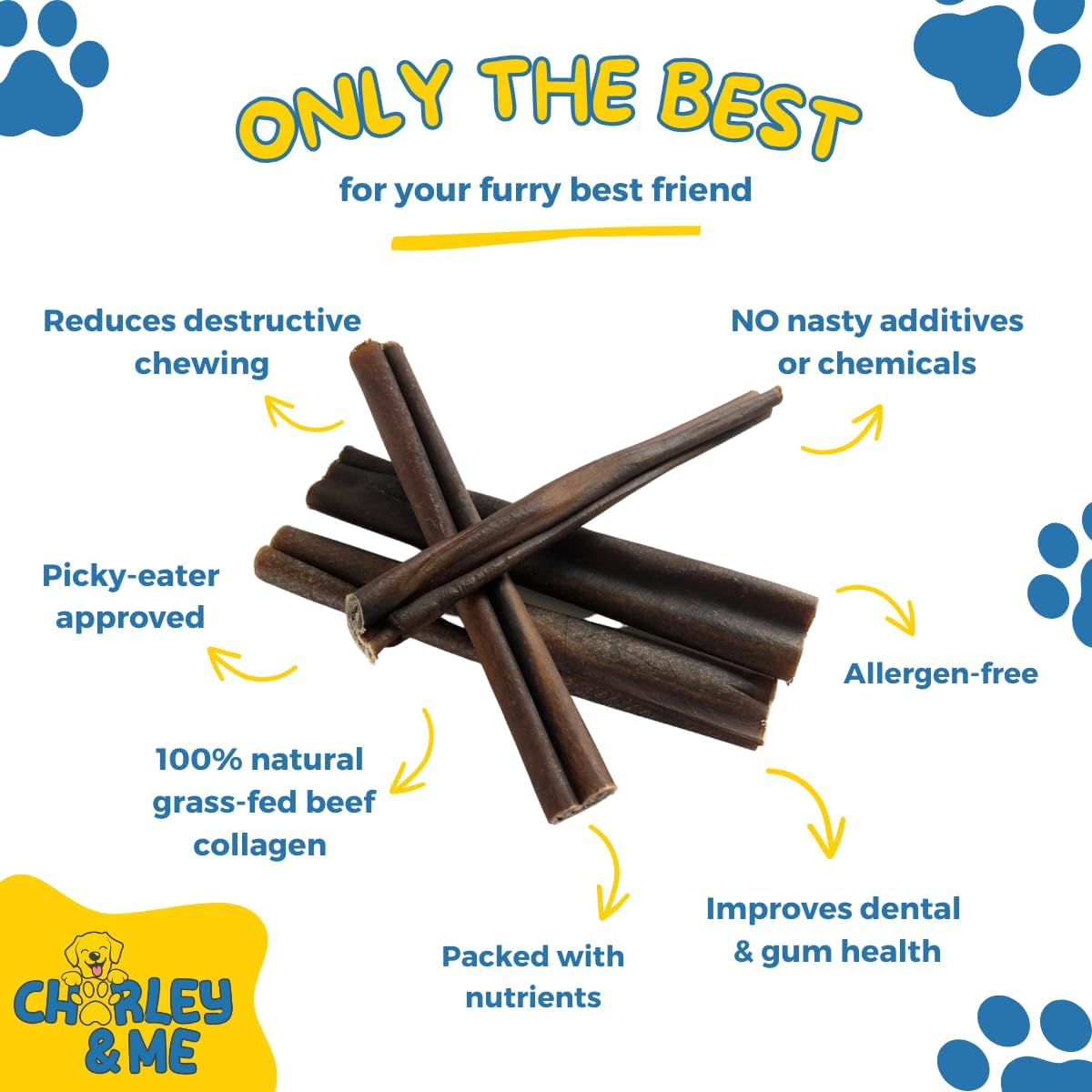 CHARLEY & ME Premium Collagen Sticks for Dogs - Long Lasting Dog Treats, Free Dog Chew Sticks - Hip & Joint Support, Healthy Skin, Shiny Coat - 100% Natural Beef - 6 Inches (Pack of 12)