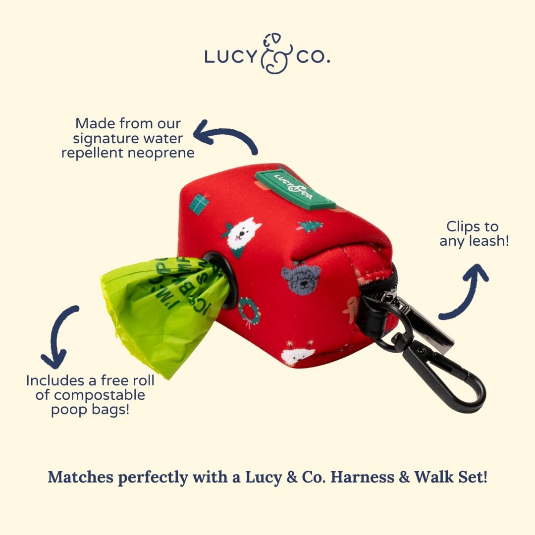 Lucy & Co. Dog Poop Bag Holder - Leak Proof Dispenser with Leash Attachment - Easy Refills - Hygienic Pet Poop Pickup - Happy Howlidays