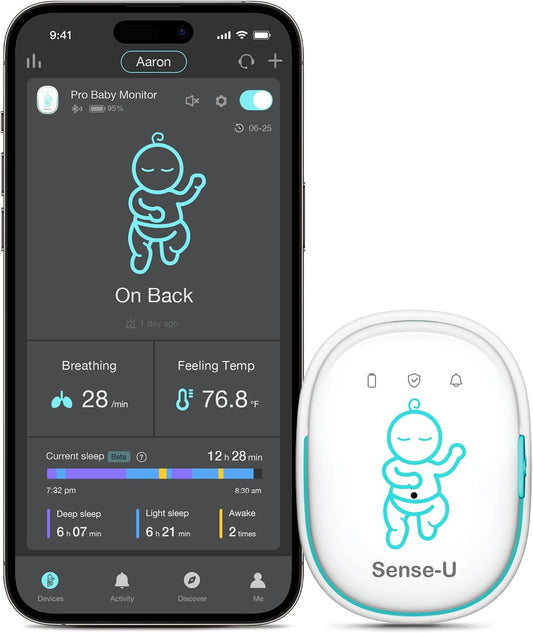 Sense-U Pro Baby Movement Monitor with Arousal Vibration, Movement/Rollover/Overheating Alerts, Audible & App Notifications, Easy Clip-On Design, Smart Sleep Monitor