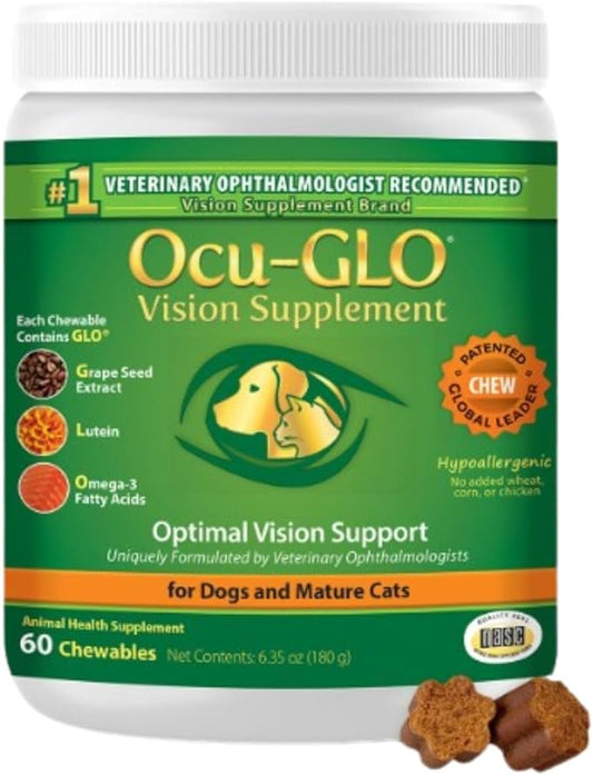 Ocu-GLO Cat & Dog Senior Supplement for Eye Support - Chewable Vision Vitamins Supplements for Large and Small Pets Care with Lutein, Omega-3 Fatty Acids, Grape Seed Extract & Antioxidants