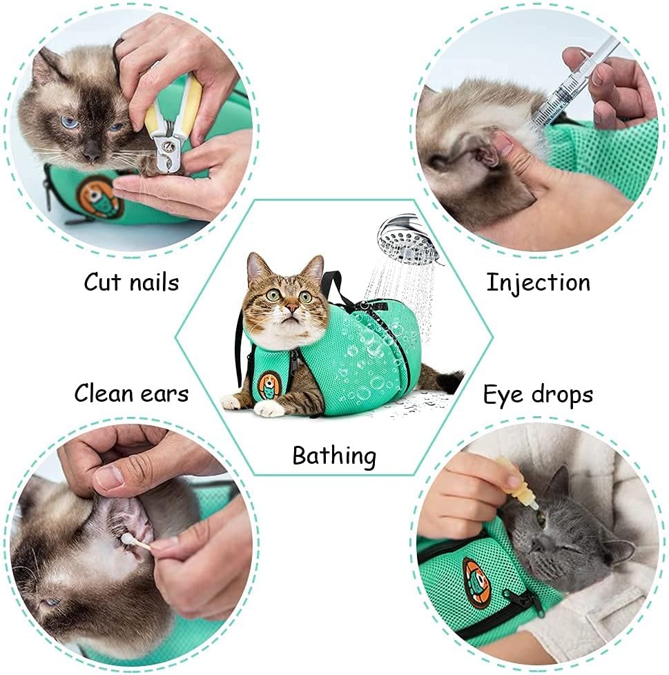 AWOOF Cat Grooming Bag Adjustable Cat Bathing Bag Anti Scratch Bite Polyester Soft Durable Mesh Cat Shower Bag for Small Medium Large Cats