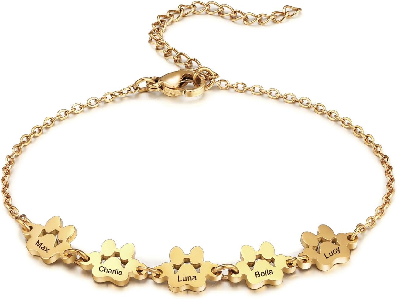 MeMeDIY Personalized Paw Print Bracelet for Women Engraved 1-5 Names Dog Cat Pet Paw Bracelet Adjustable Chain Dog Jewelry Memorial Gifts for Pet Lovers