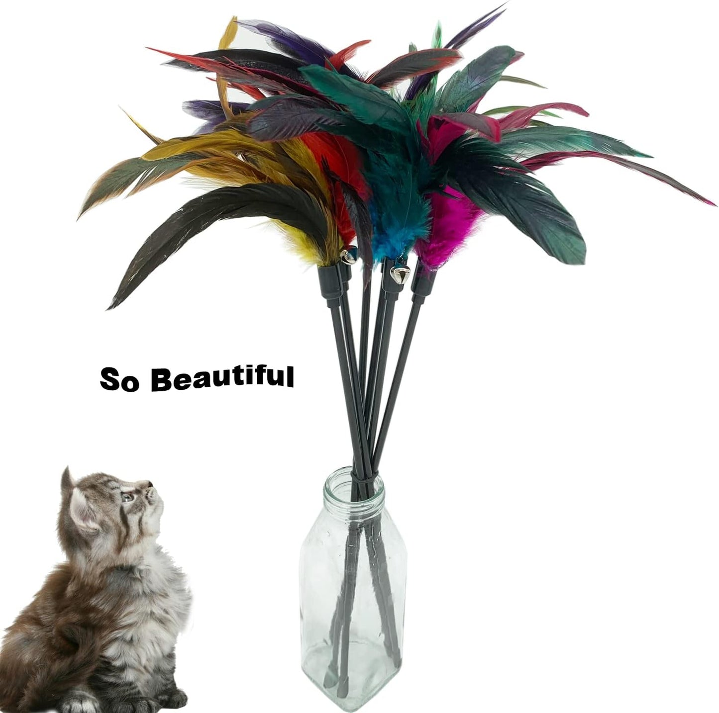 Cat Wand Toy Feather Stick Cat Toys, 6 Pieces Interactive Cat Toy Feathers Wand for Indoor Cats (A)