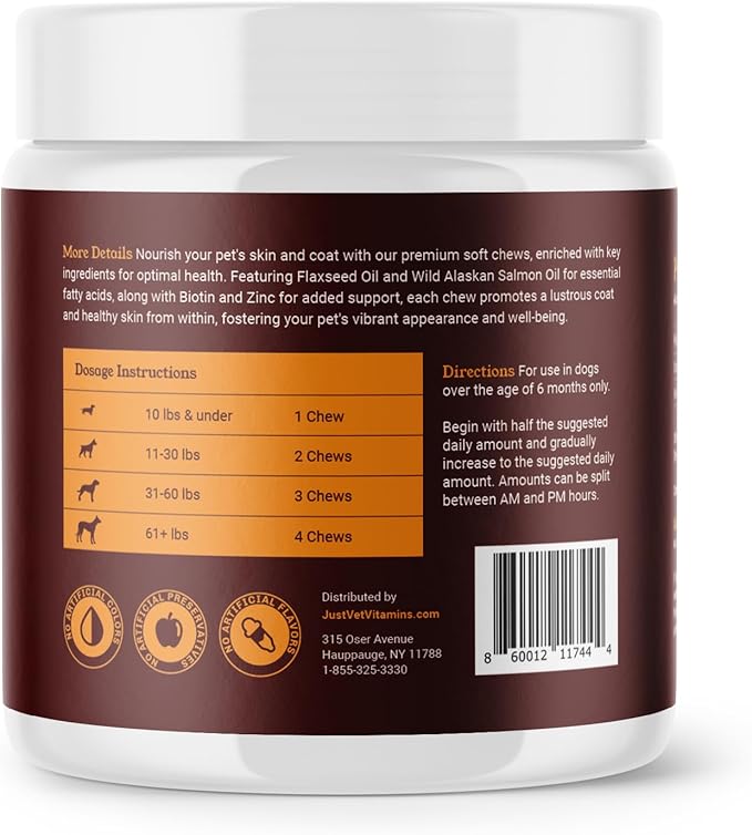 Skin & Coat Chews for Dogs with Flaxseed Oil, Wild Alaskan Salmon Oil, Biotin, and Zinc – Supports Healthy Skin and Shiny Fur – 90 Soft Chews