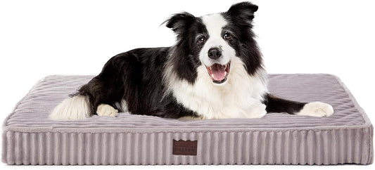 Orthopedic Dog Beds for Large, Medium, Small Dogs - Plush Washable with Egg Crate Foam, Waterproof with Removable Cover & Anti-Slip Bottom, Comfy Striped Dog Bed for Crate, 36x23 Inch, Gray