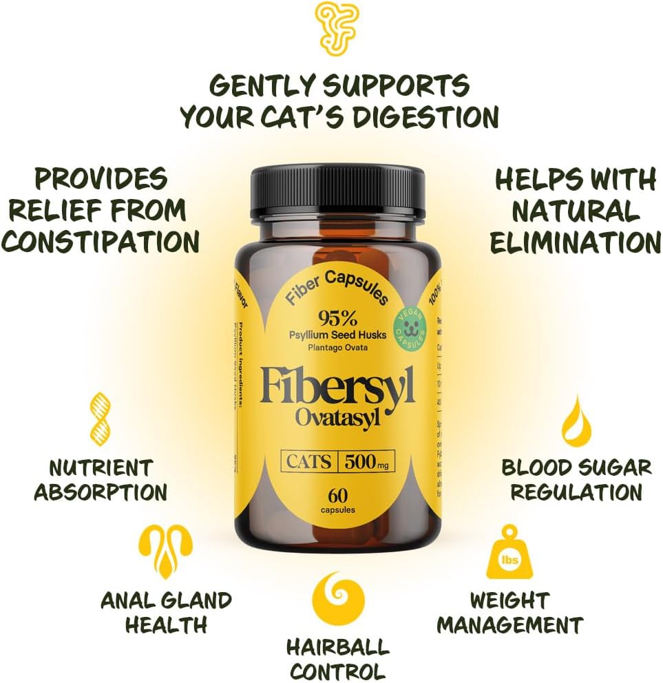 FiberSyl Ovatasyl Prebiotics for Cats Digestive Health - Cat Fiber Supplements for Constipation Relief & Support - Psyllium Husk Seed to Support Digestion Problems - Cat Stool Hardener - 60 Capsules