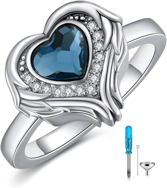 AOBOCO Personalized Angel Wings Urn Rings Holds Loved Ones Ashes for Women Heart Cremation Keepsake Ring Memorial Jewelry, Custom with Name and Crystal-Sterling Silver/Gold/Rose Gold