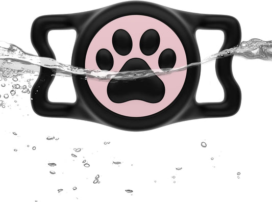 IP68 Waterpoof Dog Air tag Holder, Stretchy Silicone Full Body Covered Apple Air Tag Holder for Dog Cat Collar Fit All Width Collar (Black & Pink, 1 Pack)