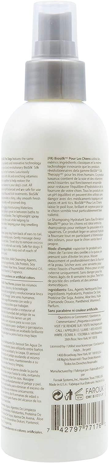BioSilk for Dogs Silk Therapy Deep Moisture Waterless Shampoo Spray, 2 Pack | Waterless Dog Shampoo Spray for All Dogs and Puppies | 8 Fl Ounces, Pack of 2